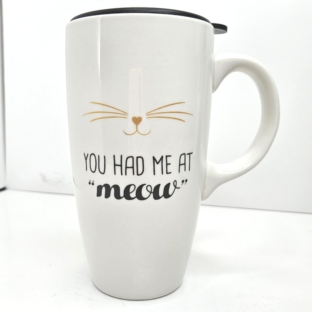NWOT Avon Cat Graphic Travel Mug Large Ceramic White Black Gold